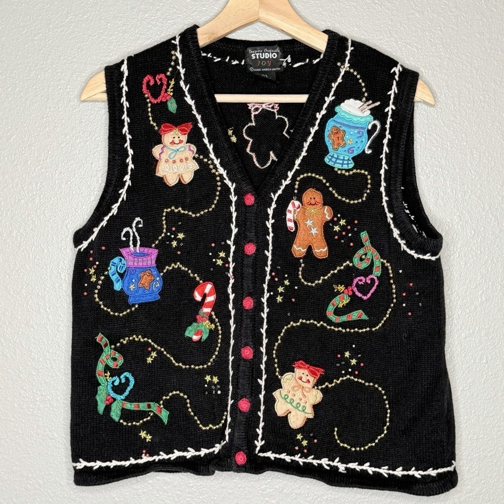 VTG Studio Joy Gingerbread Christmas Sweater Vest Festive Beaded Embroidered PL